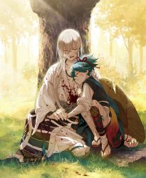 Rule 34 | 10s, 2boys, beads, blood, blood from mouth, blood on clothes, blue hair, closed eyes, grass, injury, japanese clothes, kousetsu samonji, male focus, multiple boys, ponytail, sandals, sayo samonji, sitting, sitting on lap, sitting on person, smile, tabi, tears, touken ranbu, tree, twoframe, white hair