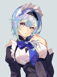 Rule 34 | 1girl, absurdres, alternate costume, black hairband, black sleeves, blue bow, blue bowtie, blue hair, blue necktie, blush, bow, bowtie, breasts, chest harness, enmaided, eula (genshin impact), frills, frown, genshin impact, hair between eyes, hairband, hand on own chest, harness, highres, large breasts, long sleeves, looking at viewer, maid, maid headdress, medium hair, necktie, oriori 0201, puffy long sleeves, puffy sleeves, sidelocks, simple background, solo, upper body