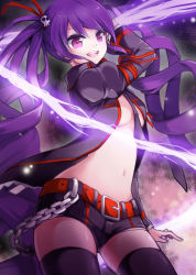 Rule 34 | 1girl, belt, black thighhighs, breasts, chain, hair ornament, jacket, long hair, magic, midriff, navel, necktie, open mouth, purple eyes, purple hair, ribbon, short shorts, shorts, skull, skull hair ornament, small breasts, solo, sword girls, thighhighs, twintails, ubina, underboob, undertaker (sword girls), very long hair, whip