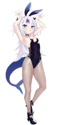 Rule 34 | 1girl, absurdres, animal ears, armpits, black footwear, black pasties, blue eyes, blue hair, bow, bowtie, breasts, detached collar, fins, fish tail, fishnet pantyhose, fishnets, full body, gawr gura, high heels, highres, hololive, hololive english, kladd, leotard, long hair, looking at viewer, multicolored hair, open mouth, pantyhose, pasties, playboy bunny, rabbit ears, shark girl, shark tail, simple background, small breasts, streaked hair, tail, teeth, virtual youtuber, white background, white hair