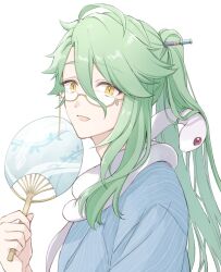 Rule 34 | 1boy, :d, ahoge, alternate hairstyle, baizhu (genshin impact), blue kimono, changsheng (genshin impact), commentary request, eyewear strap, genshin impact, glasses, green hair, hair between eyes, hair ornament, hair stick, hand fan, hand up, high ponytail, highres, holding, holding fan, japanese clothes, kimono, long hair, looking at viewer, looking to the side, male focus, open mouth, paper fan, parted bangs, ponytail, same (same hoge), semi-rimless eyewear, sidelocks, simple background, slit pupils, smile, snake, solo, striped clothes, striped kimono, uchiwa, under-rim eyewear, upper body, vertical-striped clothes, vertical-striped kimono, white background, yellow eyes