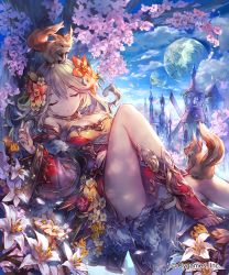 Rule 34 | 10s, 1girl, :o, animal, bare shoulders, boots, breasts, brown hair, building, cherry blossoms, cleavage, cleavage cutout, clothing cutout, cloud, copyright name, cygames, detached sleeves, dress, closed eyes, fantasy, flower, hair flower, hair ornament, highres, lee hyeseung, light particles, long hair, lying, moon, on back, plumeria (shingeki no bahamut), shingeki no bahamut, sky, sleeping, solo, squirrel, tower, tree, windmill