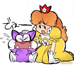 Rule 34 | 1girl, angry, blush, brown hair, crown, crying, dress, drooling, earrings, eyelashes, flower earrings, gloves, hand on another&#039;s head, jewelry, kneeling, long hair, looking at another, mario (series), mini crown, nintendo, nm qi, open mouth, princess daisy, simple background, super mario land, tatanga, tears, twitter username, white background, white gloves, yellow dress