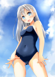 Rule 34 | 1girl, :d, alternate costume, alternate hairstyle, blue eyes, blue one-piece swimsuit, blue sky, blush, breasts, cloud, collarbone, competition school swimsuit, covered navel, cowboy shot, day, from below, gluteal fold, hair between eyes, hair down, head tilt, hibiki (kancolle), highres, kantai collection, legs apart, long hair, looking at viewer, miyuki (yxbt7), one-piece swimsuit, open mouth, outdoors, parted bangs, school swimsuit, silver hair, skin tight, sky, small breasts, smile, solo, standing, straight hair, swimsuit, thighs