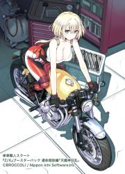 Rule 34 | 1girl, bare shoulders, bent over, black footwear, black gloves, blonde hair, blue eyes, blush, boots, bou (inubou), breasts, cable, cleavage, closed mouth, collarbone, crossed bangs, eyebrows, eyelashes, facing away, full body, gloves, hair between eyes, headlight, large breasts, long hair, mallet, motor vehicle, motorcycle, multicolored clothes, multicolored pants, pants, ponytail, riding, shadow, shelf, shirt, sitting, smile, solo, tank top, text focus, tire, tomboy, wheel, white shirt, wrench, z/x