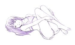 Rule 34 | 1girl, barefoot, feet, full body, leg hold, legs, legs up, long hair, lying, midriff, monochrome, on back, original, shorts, simple background, sketch, smile, solo, thighs, toes, traditional media, white background, yoshitomi akihito