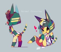 Rule 34 | 1girl, amakusa (hidorozoa), animal crossing, animal ears, ankha (animal crossing), bandages, blue hair, blunt bangs, bob cut, cat, cat ears, cat girl, cat tail, colored skin, egyptian, egyptian clothes, full body, furry, furry female, heart, looking back, mummy, nintendo, open mouth, short hair, smile, solo focus, tail, tiara, wavy mouth, yellow skin