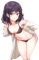 Rule 34 | 1girl, absurdres, adagaki aki, armpits, arms behind back, bare shoulders, bikini, black bikini, black hair, blue eyes, blush, breasts, breasts apart, closed mouth, collarbone, feet out of frame, front-tie bikini top, front-tie top, gluteal fold, groin, head tilt, highres, jacket, leaning forward, long sleeves, masamune-kun no revenge, navel, off shoulder, open clothes, open jacket, short hair, sidelocks, simple background, small breasts, smile, solo, standing, stomach, sunhyun, swimsuit, white background, white jacket