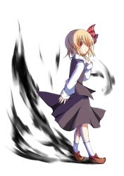 Rule 34 | 1girl, bad id, bad pixiv id, blonde hair, blouse, darkness, full body, hair ribbon, looking at viewer, nakukoroni, red eyes, ribbon, rumia, shirt, shoes, short hair, simple background, skirt, socks, solo, touhou, vest, white background