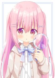 Rule 34 | 1girl, :o, blue bow, blush, bow, brown eyes, brown jacket, collared shirt, commentary request, dress shirt, hair between eyes, hair ornament, hairclip, hand up, highres, holding, hood, hood down, hooded jacket, jacket, long sleeves, looking at viewer, magnifying glass, nakkar, open clothes, open jacket, original, parted lips, pink hair, shirt, sidelocks, solo, twintails, twitter username, upper body, white background, white shirt, x hair ornament