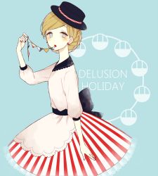 Rule 34 | 1girl, :o, akakura, apron, arm at side, arm up, back bow, black bow, black collar, black hat, blonde hair, blue background, blue eyes, bow, braid, chestnut mouth, collar, commentary request, dress, hat, holding, large bow, looking at viewer, medium sleeves, original, puffy sleeves, red dress, shirt, short hair, simple background, solo, striped clothes, striped dress, vertical stripes, waist apron, white apron, white dress, white shirt