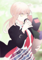 Rule 34 | 1girl, artoria pendragon (all), artoria pendragon (fate), bag, belt, black jacket, blonde hair, blurry, blurry background, can, collared shirt, drinking, fate/stay night, fate (series), floating hair, hair between eyes, highres, holding, holding bag, holding can, jacket, long hair, long sleeves, necktie, open clothes, open jacket, paper bag, ponytail, print skirt, red necktie, saber alter, shirt, skirt, solo, standing, suzuakks, white shirt, wing collar, yellow eyes