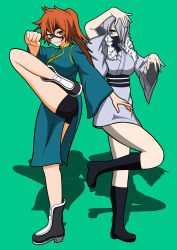 Rule 34 | 2girls, absurdres, ahoge, artist request, asymmetrical bangs, black sash, boku no hero academia, boots, breasts, chinese clothes, cleavage, clenched hand, domino mask, expressionless, eyelashes, female focus, fighting stance, fingernails, full body, fur collar, ghost pose, green background, grey eyes, grey kimono, hair between eyes, hair over one eye, hands up, highres, japanese clothes, kendou itsuka, kimono, knee boots, leg up, legs, long hair, looking at viewer, mask, matching hair/eyes, medium breasts, medium hair, mouth mask, multiple girls, neck, obi, orange hair, outstretched arms, pale skin, ponytail, sash, short kimono, short shorts, shorts, sidelocks, silver hair, simple background, standing, standing on one leg, superhero costume, thighs, traditional clothes, wide sleeves, yanagi reiko