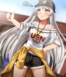 Rule 34 | 1girl, absurdres, averting eyes, azur lane, black hat, black shorts, blurry, blurry background, bra strap, cabbie hat, closed mouth, clothes around waist, commentary request, cowboy shot, cutoffs, day, denim, denim shorts, depth of field, enterprise (anniversary ride) (azur lane), enterprise (azur lane), eyewear on headwear, frown, grey eyes, grey hair, hand on own hip, hat, highres, jacket, jacket around waist, jewelry, long hair, necklace, off-shoulder shirt, off shoulder, official alternate costume, outdoors, partial commentary, print shirt, shirt, short sleeves, shorts, solo, standing, sunglasses, t-shirt, thumbs up, very long hair, white shirt, yellow jacket, zanntetu