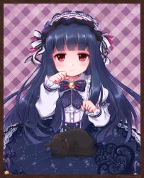 Rule 34 | 1girl, animal, animal on lap, argyle, argyle background, argyle clothes, blouse, blue bow, blue hair, blue skirt, blunt bangs, blush, border, bow, brown border, buttons, cat, cat on lap, closed mouth, collar, frilled hairband, frilled shirt, frills, hairband, heart, idolmaster, idolmaster cinderella girls, idolmaster cinderella girls starlight stage, juliet sleeves, lace, lace-trimmed skirt, lace trim, lolita fashion, lolita hairband, long hair, long sleeves, looking at viewer, on lap, paw pose, puffy sleeves, purple background, red collar, red eyes, sajo yukimi, shirt, skirt, smile, solo, suspender skirt, suspenders, tabana, twitter username, upper body