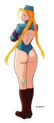 Rule 34 | ass, blonde hair, blue eyes, braid, cammy white, capcom, crossed arms, highres, legs, long hair, looking at viewer, simple background, street fighter, street fighter ii (series), twin braids, white background