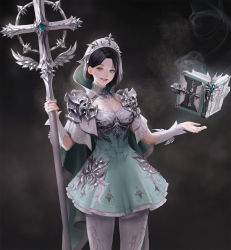 Rule 34 | 1girl, black hair, book, breasts, cleavage, cleavage cutout, clothing cutout, cowboy shot, daeraeband, dress, floating, floating object, green eyes, highres, holding, holding staff, looking at viewer, medium breasts, original, pants, short hair, smile, solo, staff, white pants