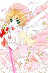 Rule 34 | 1990s (style), 1girl, baton, brown hair, cardcaptor sakura, cherry blossoms, child, clamp, dress, from side, fuuin no tsue, glove bow, gloves, green eyes, hat, kero (cardcaptor sakura), kinomoto sakura, looking at viewer, magical girl, marker (medium), name connection, object namesake, official art, pink hat, retro artstyle, short hair, traditional media, wand, white background, white gloves, wings