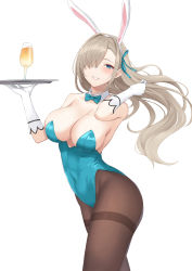 Rule 34 | 1girl, animal ears, asuna (blue archive), asuna (bunny) (blue archive), bare shoulders, black pantyhose, blonde hair, blue archive, blue eyes, blue leotard, blush, border, bow, bowtie, breasts, cleavage, cocktail glass, covered navel, cup, detached collar, drinking glass, elbow gloves, fake animal ears, floating hair, gloves, grin, hair over one eye, highres, holding, holding tray, large breasts, leotard, long hair, looking at viewer, pantyhose, parted lips, playboy bunny, rabbit ears, revision, smile, solo, terry (pixiv3274443), traditional bowtie, tray, white gloves