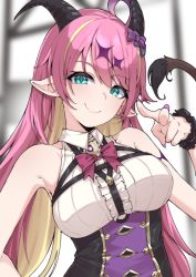 Rule 34 | 1girl, aqua eyes, blonde hair, blush, bow, breasts, center frills, closed mouth, colored inner hair, demon girl, demon horns, demon tail, fingernails, frills, hair bow, hair ornament, hand up, high-waist skirt, highres, hololive, horns, large breasts, long hair, looking at viewer, mano aloe, multicolored hair, nail polish, pink hair, pointy ears, purple bow, purple nails, red bow, shirt, skirt, sleeveless, sleeveless shirt, smile, solo, sparkle hair ornament, tail, tail raised, upper body, valefal coneri, very long hair, virtual youtuber, white shirt, wrist cuffs