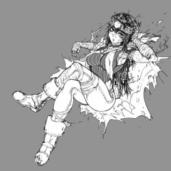 Rule 34 | 1girl, ankle boots, bandaged arm, bandages, blood, blood on face, boots, breasts, commentary, crossed legs, english commentary, full body, grey background, greyscale, headband, hero (hero and demon king), highres, invisible chair, large breasts, looking at viewer, monochrome, original, pants, parted lips, shirt, simple background, sitting, solo, striped clothes, striped shirt, the golden smurf