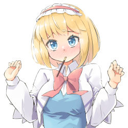Rule 34 | 1girl, alice margatroid, arnest, blonde hair, blue dress, blue eyes, blush, capelet, closed mouth, commentary, dress, food, hairband, highres, lolita hairband, long sleeves, mouth hold, pocky, pocky day, red hairband, shirt, short hair, simple background, solo, touhou, upper body, white background, white capelet, white shirt