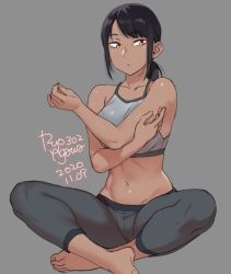 Rule 34 | 1girl, 2020, agawa ryou, bare shoulders, barefoot, black hair, breasts, brown eyes, collarbone, commentary, dark-skinned female, dark skin, dated, english commentary, grey background, indian style, large breasts, leggings, long hair, looking to the side, midriff, navel, original, ponytail, simple background, sitting, skin tight, solo, spandex, sports bra, tight clothes