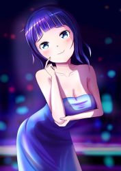 Rule 34 | 1girl, artist name, artist request, asaka karin, bare shoulders, blue dress, blue eyes, blue hair, blue skirt, blurry, blurry background, blush, breasts, cleavage, collarbone, dark blue hair, dress, female focus, floating hair, hand on elbow, hand on own elbow, highres, looking at viewer, love live!, love live! nijigasaki high school idol club, medium breasts, nail, nail polish, night, night sky, outdoors, parted lips, pink nails, pink nails, short hair, skirt, sky, sleeveless, sleeveless dress, smile, solo, worried
