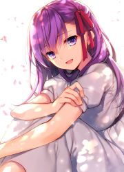 Rule 34 | 1girl, commentary request, dress, fate/stay night, fate (series), hair ribbon, heavens feel, highres, looking at viewer, matou sakura, official alternate costume, petals, purple eyes, purple hair, ribbon, solo, toosaka asagi, white dress