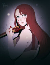 Rule 34 | 1girl, abella (fear &amp; hunger), adjustable wrench, artist name, blood, blood on face, blood on hands, breasts, fear &amp; hunger, fear &amp; hunger 2: termina, from side, grey eyes, highres, koyorin, long hair, looking at viewer, medium breasts, red hair, sleeveless, solo, wrench