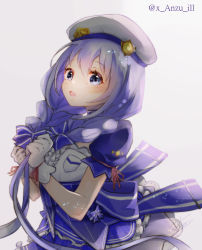 Rule 34 | 1girl, absurdres, anzu (x anzu ill), beret, blue bow, blue dress, blue eyes, blue hair, blush, bow, braid, dress, gloves, grey background, hair bow, hat, highres, holding, holding hair, leaning forward, long hair, looking at viewer, nijisanji, open mouth, signature, solo, twin braids, virtual youtuber, white gloves, white hat, yuuki chihiro, yuuki chihiro (8th costume)