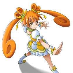 Rule 34 | 1girl, cure rosetta, dokidoki! precure, fighting stance, from above, long hair, matching hair/eyes, orange eyes, orange hair, outstretched arm, outstretched hand, precure, serious, shadow, simple background, solo, standing, twintails, uraki, white background, yotsuba alice
