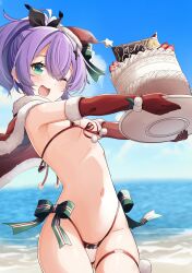 Rule 34 | 1girl, absurdres, azur lane, bikini, bird, black ribbon, blue sky, blush, breasts, cake, capelet, chick, christmas, cloud, cowboy shot, day, elbow gloves, food, fruit, fur-trimmed capelet, fur-trimmed gloves, fur trim, gloves, gluteal fold, green eyes, green ribbon, hair ornament, hair ribbon, hat, highleg, highleg bikini, highres, holding, holding plate, horizon, javelin (azur lane), leer.meer, looking at viewer, manjuu (azur lane), medium breasts, merry christmas, navel, ocean, one eye closed, open mouth, outdoors, plate, pom pom (clothes), purple hair, red capelet, red gloves, ribbon, santa hat, sky, smile, solo, star (symbol), strawberry, string bikini, swimsuit, thigh strap, thighs, twisted torso, underboob, water
