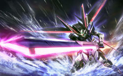 Rule 34 | 00s, energy sword, glowing, glowing eyes, gundam, gundam seed, gundam seed destiny, impulse gundam, mecha, no humans, robot, solo, sunrise stance, sword, water, weapon, zhenlin