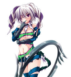 Rule 34 | 1girl, bare shoulders, blade, braid, breasts, finger to mouth, mole, multicolored hair, navel, purple eyes, purple hair, solo, soul calibur, soulcalibur v, standing, takayuuki, tira (soulcalibur), twin braids, underboob, weapon, white background, white hair, wink