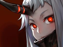 Rule 34 | 10s, 1girl, abyssal ship, colored skin, horns, kantai collection, looking at viewer, patipat asavasena, portrait, red background, red eyes, seaport princess, single horn, solo, white hair, white skin
