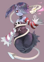 Rule 34 | 1girl, absurdres, blue hair, blue skin, colored skin, detached sleeves, female focus, hair over one eye, highres, leviathan (skullgirls), monster girl, red eyes, rugure, skullgirls, sleeves past wrists, smile, squigly (skullgirls), stitched mouth, stitches, zombie