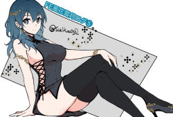 Rule 34 | 1girl, alternate costume, black dress, black thighhighs, blue eyes, blue hair, blue nails, breasts, byleth (female) (fire emblem), byleth (fire emblem), china dress, chinese clothes, closed mouth, commentary request, crossed legs, dress, earrings, fire emblem, fire emblem: three houses, grey background, grey footwear, hair between eyes, hair ornament, hand on own knee, high heels, highres, ijiro suika, jewelry, large breasts, long hair, looking at viewer, nail polish, nintendo, sideboob, simple background, sitting, sleeveless, sleeveless dress, smile, solo, thighhighs, thighs, twitter username, white background