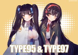 Rule 34 | 2girls, alternate hairstyle, bad id, bad pixiv id, between breasts, black hair, black jacket, blue bow, blue necktie, blunt bangs, blush, bow, breasts, character name, closed mouth, collared shirt, commentary, girls&#039; frontline, hair between eyes, hair bow, hairband, hairstyle switch, halftone, halftone background, hanato (seonoaiko), jacket, large breasts, long hair, looking at viewer, multiple girls, necktie, necktie between breasts, parted lips, red hairband, red necktie, shirt, smile, twintails, type 95 (girls&#039; frontline), type 97 (girls&#039; frontline), very long hair, white jacket, white shirt, yellow eyes