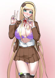 Rule 34 | 1girl, akisora, alternate hair length, alternate hairstyle, blush, bra, breasts, brown jacket, brown skirt, brown thighhighs, cleavage, closed mouth, collarbone, commentary request, danganronpa (series), danganronpa 3 (anime), fishnet thighhighs, fishnets, gradient background, hairband, jacket, large areolae, large breasts, long hair, long sleeves, miniskirt, nail polish, neck ribbon, official alternate costume, open clothes, open jacket, open shirt, pink background, pink nails, pleated skirt, purple bra, red ribbon, ribbon, shirt, skirt, smile, solo, sonia nevermind, thighhighs, underwear, v, white shirt