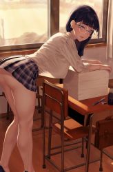 Rule 34 | 1girl, absurdres, arm rest, arm support, ass, bag, banana oekaki, bare legs, black footwear, blunt bangs, blush, breasts, classroom, collared shirt, desk, dress shirt, eraser, evening, feet out of frame, from side, glasses, grey eyes, hanging breasts, highres, indoors, large breasts, leaning forward, legs, long hair, looking at viewer, miniskirt, no bra, no panties, open mouth, original, paper stack, pen, plaid, plaid skirt, purple hair, round eyewear, school bag, school uniform, see-through, see-through shirt, see-through silhouette, shirt, skirt, sleeves rolled up, smile, solo, thighs, white skirt, window