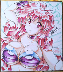 1girl arm_up breasts character_request choker comiket_103 fairy_wings large_breasts long_hair mizushiro_takuya open_mouth pink_eyes purple_choker purple_wristband red_hair signature solo traditional_media wings