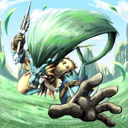 Rule 34 | 1boy, artist request, attack, blue sky, digimon, digimon (creature), emphasis lines, grass, highres, holding, holding weapon, incoming attack, jumping, long hair, looking at viewer, mask, mercurymon, monster boy, muscular, olympos xii, pectorals, shaman, sky, weapon, wolf mask