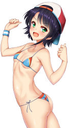 Rule 34 | 1girl, :d, ass, backwards hat, bare shoulders, baseball cap, bikini, black hair, blush, breasts, collarbone, commentary request, fang, green eyes, halterneck, hat, hololive, kuragari, looking at viewer, oozora subaru, open mouth, short hair, side-tie bikini bottom, simple background, small breasts, smile, solo, string bikini, striped bikini, striped clothes, swimsuit, text background, twisted torso, v-shaped eyebrows, virtual youtuber, white background, wristband
