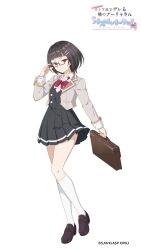 Rule 34 | 1girl, adjusting eyewear, artist request, bag, black hair, black skirt, black vest, blazer, blunt bangs, bow, bowtie, brown bag, buttons, collared shirt, commentary request, copyright name, double-breasted, full body, glasses, grey jacket, hair ornament, hairclip, hand up, highres, holding, holding bag, jacket, kneehighs, lapels, looking at viewer, medium hair, notched lapels, official art, open clothes, open jacket, pleated shirt, purple eyes, red-framed eyewear, red bow, red bowtie, school bag, school uniform, seiren academy school uniform, semi-rimless eyewear, shirt, simple background, skirt, socks, solo, standing, tachi-e, taniyama sayaka, tokidoki bosotto roshia-go de dereru tonari no alya-san, vest, white background, white shirt, white socks, wing collar