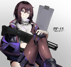 Rule 34 | 1girl, ballistic shield, black thighhighs, brown hair, bullpup, character name, double-barreled shotgun, dp-12 (girls&#039; frontline), girls&#039; frontline, gun, hand on own knee, highres, holding, holding weapon, iitenkidesune, jacket, long hair, looking at viewer, multiple-barrel firearm, open clothes, open jacket, pump-action shotgun, pump action, purple eyes, purple jacket, shield, shield module, shotgun, side-by-side-barreled shotgun, simple background, smile, solo, standard manufacturing dp-12, sweater, thighhighs, turtleneck, vertical forward grip, weapon, white sweater