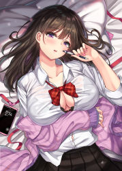 Rule 34 | 1girl, bed sheet, black bra, black skirt, bow, bowtie, bra, bra peek, bra visible through clothes, breasts, brown hair, button gap, cellphone, cenangam, cleavage, collarbone, collared shirt, dress shirt, highres, holding, jacket, large breasts, long hair, looking at viewer, lying, mole, mole under eye, off shoulder, on back, on bed, open clothes, open jacket, original, parted lips, pen, phone, pillow, plaid, pleated skirt, purple eyes, purple jacket, red bow, red bowtie, shirt, shirt tucked in, skirt, smartphone, solo, underwear, white shirt