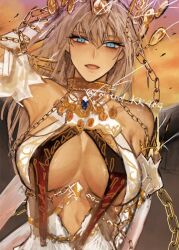 1girl bare_shoulders blue_eyes breasts chain cleavage crown dark-skinned_female dark_skin detached_sleeves dress fate/grand_order fate_(series) gold_chain grey_hair jewelry kaori_jo_26 large_breasts long_hair looking_at_viewer neck_ring open_mouth smile solo white_dress zenobia_(fate)