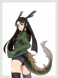Rule 34 | 1girl, ass, black hair, black thighhighs, clothing cutout, cowboy shot, dragon girl, dragon horns, dragon tail, eyebrows, fusou empire princess, horns, long hair, long sleeves, military, military uniform, simple background, solo, strike witches, strike witches zero, swimsuit, swimsuit under clothes, tail, tail through clothes, thick eyebrows, thighhighs, uniform, uno ichi, very long hair, white background, world witches series