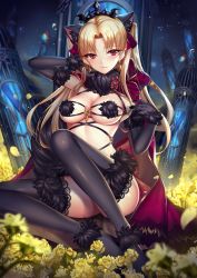 Rule 34 | 1girl, animal ears, arm up, bad id, bad twitter id, black cape, black footwear, black thighhighs, blonde hair, blush, bow, breasts, cape, cat ears, cleavage, cosplay, detached collar, earrings, elbow gloves, ereshkigal (fate), fake animal ears, fate/grand order, fate (series), flower, fur-trimmed cape, fur-trimmed legwear, fur bikini, fur collar, fur trim, glint, gloves, gold, hand on own chin, hand up, high heels, highres, jewelry, large breasts, lens flare, light particles, long hair, looking at viewer, mallizmora, mash kyrielight, mash kyrielight (cosplay), mash kyrielight (dangerous beast), mash kyrielight (dangerous beast) (cosplay), multicolored cape, multicolored clothes, o-ring, o-ring top, official alternate costume, parted bangs, petals, red cape, red eyes, sitting, solo, thighhighs, tiara, tsurime, two side up, yellow cape, yellow flower, yokozuwari